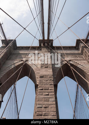 Strukturelle Einzelheiten über die Brooklyn Bridge, New York. Stockfoto