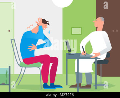 Patient Arzt Beratung. Arzt therapeut Prüfung der junge Mann für die Diagnose. Einfache flache Cartoon Illustration Stockfoto