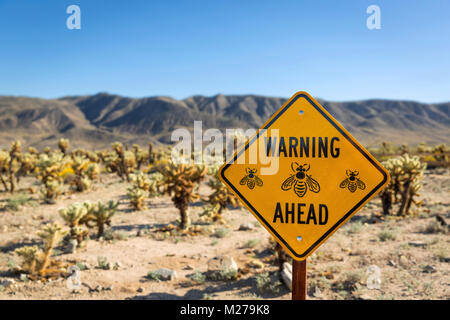 Biene Warnschild vor der Cholla Cactus Garden in Josua Treen National Park, Kalifornien Stockfoto