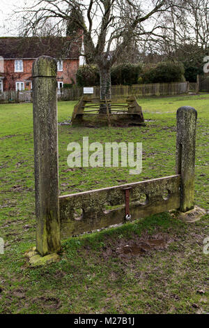 Stocks auf dem Dorfplatz an Minstead, England. Die Bestände wurden für die Prügelstrafe und shaming verwendet. Stockfoto