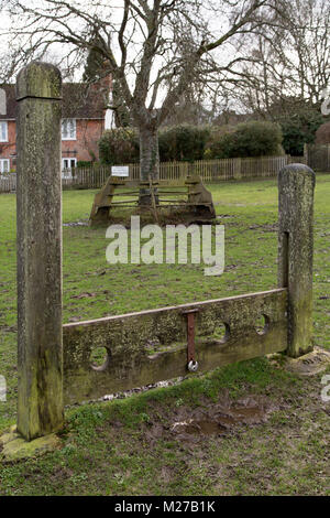 Stocks auf dem Dorfplatz an Minstead, England. Die Bestände wurden für die Prügelstrafe und shaming verwendet. Stockfoto