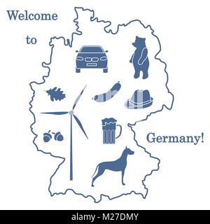 Vector Illustration mit verschiedenen Symbolen in Deutschland. Reisen und Freizeit. Design für Banner, Poster oder Drucken. Stock Vektor