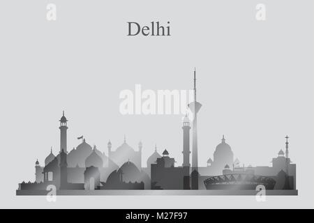 Delhi Stadt Skyline Silhouette in Graustufen, Vektor-illustration Stock Vektor