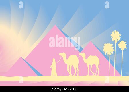 Ägypten-Pyramiden mit Kamel-Karawane auf Sonnenuntergang Hintergrund Vektor-illustration Stock Vektor