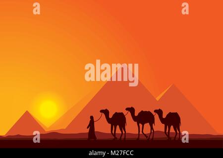Ägypten-Pyramiden mit Kamel-Karawane auf Sonnenuntergang Hintergrund Vektor-illustration Stock Vektor