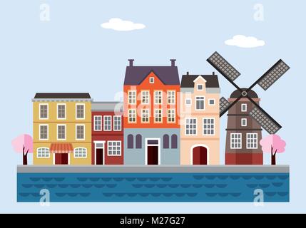 Bunte Häuser mit Windmühle, blühende Bäume und das Meer. Niederlande, niederländische Stadt. Flache Bauweise, Vector Illustration, Web Banner. Travel Concept. Stock Vektor