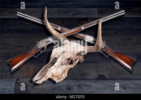 Antike cowboy Hebelbetätigung Gewehre und Kuh Schädel. Stockfoto