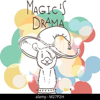 Nette Karte mit Cartoon llama. Motivierende und inspirierende Angebot. Kritzeln Abbildung. Magie ist Drama, Lama Stock Vektor