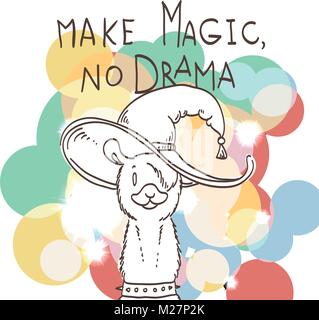Nette Karte mit Cartoon llama. Motivierende und inspirierende Angebot. Kritzeln Abbildung. Magic machen, kein Drama, llama Stock Vektor