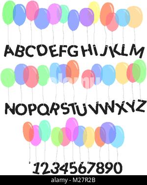 Latin Ballons alphabet Schrift. Lateinische Buchstaben und Zahlen zu den bunten Ballons gebunden Stock Vektor