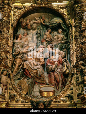 Pau Costa (1663-1727). Katalanischen Bildhauer. Barock. Jungfrau und Kind Jesus. Altarbild, 1706-1709. Holz. Polychrome zwischen 1711-1712. Kirche Santa Maria. Arenys de Mar, Katalonien. Spanien. Stockfoto