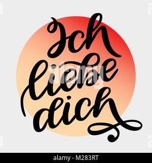 Handschriftlichen Text in Deutsch Ich liebe dich. Liebe Postkarte. Phrase für Valentines Tag. Tinte Abbildung. Moderne Pinsel Kalligraphie. Auf grauem Hintergrund mit Farbverlauf Kreis isoliert Stock Vektor
