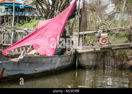 Fischer sammeln kleine Fisch aus Netzen, Kampong Phluk schwimmenden Dorf, Provinz Siem Reap, Kambodscha. Stockfoto