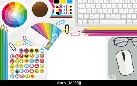 Kreative Arbeitsplatz. Ansicht von oben artist Desktop. Vector Illustration II. Stockfoto