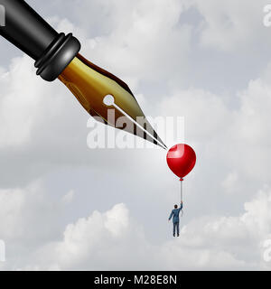 Vertrag Gefahr und unfaire Geschäftsbedingungen oder anonyme Quelle Berichterstattung als Geschäftsmann Holding einen Ballon mit einem scharfen Pen nib Piercing. Stockfoto