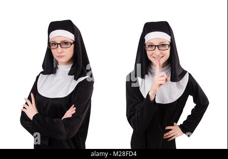 Junge ernsthafte Nonne isoliert auf weiss Stockfoto