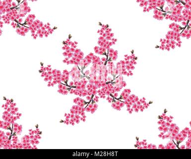 Sakura. Bukett mit zarten üppigen lila Blumen und Cherry Knospen. Nahtlos und ohne Gitter und Gradient. Auf weissem Hintergrund. Stock Vektor