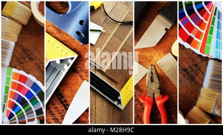 Collage von Construction Tools. Haus Renovierung Hintergrund Stockfoto