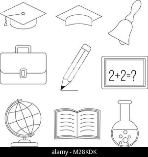 Schule Hochschule Universität Wissenschaft line Art Icon Set Poster. Malbuch Seite für Erwachsene und Kinder. Lineart Illustration für Geschenkkarte Zertifikat Verbot Stock Vektor