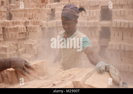 Dhaka, Bangladesch. 5. Februar, 2018. Saisonale brick Feld Arbeiter arbeitet auf Staub, wie sie Steine auf einer Karre organisieren In einer Ziegelfabrik in der Nähe von Dhaka. Quelle: Md. mehedi Hasan/ZUMA Draht/Alamy leben Nachrichten Stockfoto