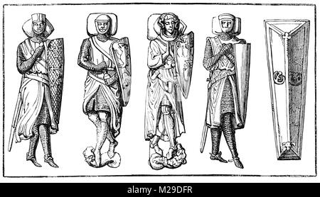 13. und 14. Jahrhundert Stein Bildnisse von Ritter Templern in der Temple Church, eine späte 12. Jahrhundert Kirche in der City von London, England, zwischen Fleet Street und der Themse entfernt. Von den Tempelrittern, da ihr Englisch zentrale gebaut, es ist berühmt für sein ein runde Kirche, ein gemeinsames Design feature für Templer Kirchen. Stockfoto