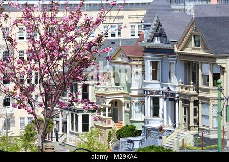 San Francisco, California, United States - Blick auf die Stadt mit dem berühmten Painted Ladies, viktorianische Häuser am Alamo Square (Western hinaus Nachbarschaft). Stockfoto