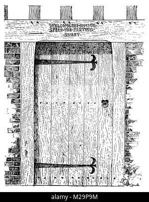 Hölzerne Eingangstür, Kunst und Handwerk Linie Illustration von Architekt und Künstler Mackay Hugh Baillie Scott von 1895 Das Studio einer illustrierten Zeitschrift von Stockfoto