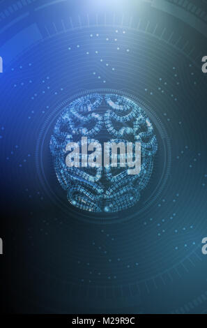 Eine stilisierte Gehirn strukturiert mit binären Computer daten code Darstellung künstliche Intelligenz auf einem dunklen Hintergrund überlagert mit einem analytischen futuristische Stockfoto