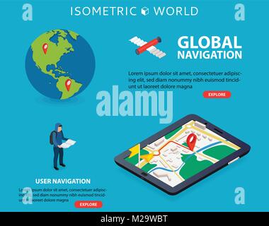 Wohnung 3 d Isometrische mobile GPS-Navigation Karten vector. Welt silhouette Pin. Tablet-PC mit GPS-Navigator. Stock Vektor
