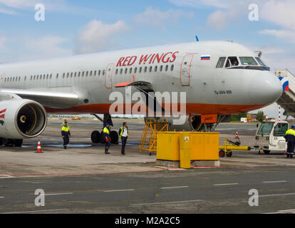 Simferopol, Russland - 15. Juni 2016: Das Flugzeug Tupolew Tu-204 Red Wings Airlines stehen auf dem Flugplatz Flughafen Simferopol Stockfoto