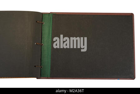 Schwarz altes Buch mit leeren Seite auf dem weißen Stockfoto