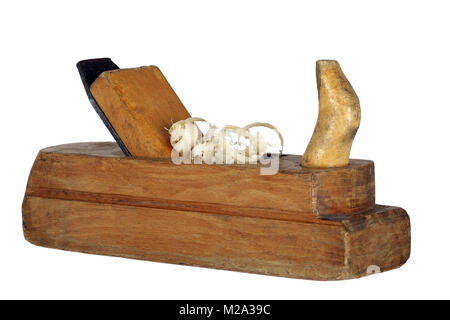 Vintage Flugzeug auf einem weißen Hintergrund. für Holz Verarbeitung. Mit Späne. Carpenter gehobeltes Holz. Stockfoto