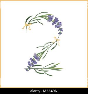 Die Ziffer 2 Monogramm. Retro zeichen Alphabet mit Lavendel Blume initial. Aquarell Stil, Botanische Illustration isoliert auf Weiss. Vintage vector Font ty Stock Vektor