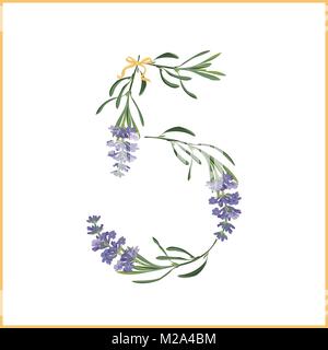 Ziffer 5 Monogramm. Retro zeichen Alphabet mit Lavendel Blume initial. Aquarell Stil, Botanische Illustration isoliert auf Weiss. Vintage vector Font ty Stock Vektor