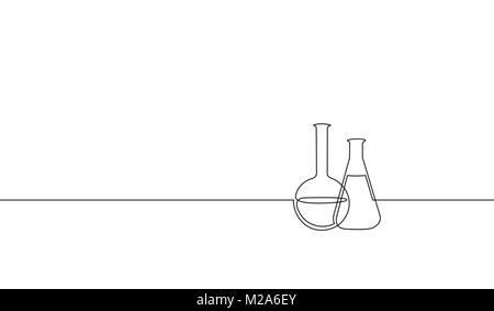 Eine durchgehende Linie kunst Chemie Kolben. Der wissenschaftlichen und technologischen Forschung Medizin Glas Design eine Skizze Maßbild Vector Illustration Stock Vektor