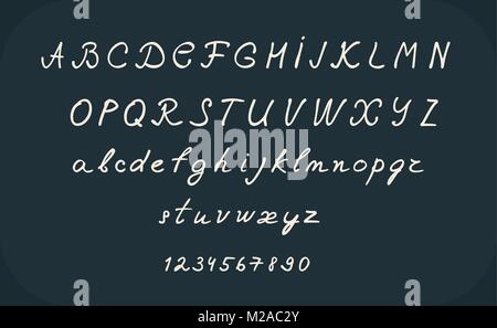 Hand Schrift alphabet Design, handschriftliche Pinsel Kalligraphie Cursive font Vector Illustration, Groß- und Kleinbuchstaben, Zahlen, Schwarz und Weiß Stock Vektor