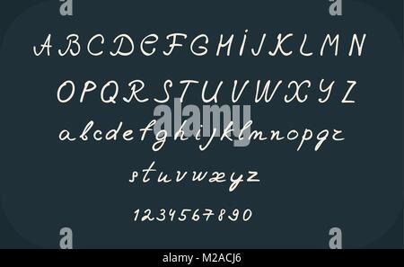 Hand Schrift alphabet Design, handschriftliche Pinsel Kalligraphie Cursive font Vector Illustration, Groß- und Kleinbuchstaben, Zahlen, Schwarz und Weiß. Stock Vektor