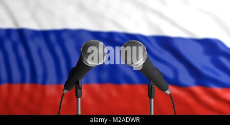Russland blur Flagge Hintergrund, zwei Kabel Mikrofone vor. Politische, Geschäftskonzept. 3D-Darstellung Stockfoto