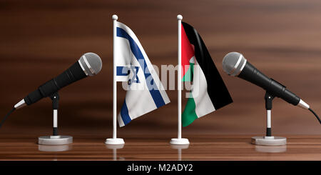 Verhältnis zwischen Palästina und Israel. Kabel Mikrophone auf steht auf einem Holz- Hintergrund, Banner. 3D-Darstellung Stockfoto