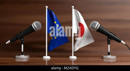 Beziehung zwischen der Europäischen Union und Japan. Kabel Mikrophone auf steht auf einem Holz- Hintergrund, Banner. 3D-Darstellung Stockfoto