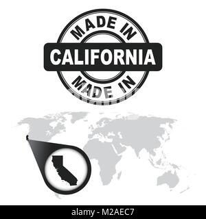 In Kalifornien, Amerika, USA Stempel gemacht. Welt Karte mit Zoom auf Land. Vektor Emblem im flachen Stil auf weißem Hintergrund. Stock Vektor