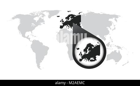 Welt Karte mit Zoom auf Europa. Karte in der Lupe. Vector Illustration im flachen Stil Stock Vektor
