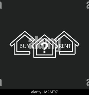Konzept der Wahl zwischen Kaufen und Mieten Haus in line Stil. Home Icon mit der Frage. Vector Illustration im flachen Stil auf schwarzem Hintergrund. Stock Vektor