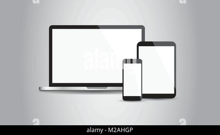 Realistische Gerät flach Symbole: Smartphone, Tablet, Laptop. Vector Illustration auf grauem Hintergrund Stock Vektor