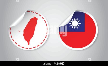 Taiwan Aufkleber mit Flagge und Karte. Etikett, Runden mit Land. Vector Illustration auf grauem Hintergrund. Stock Vektor