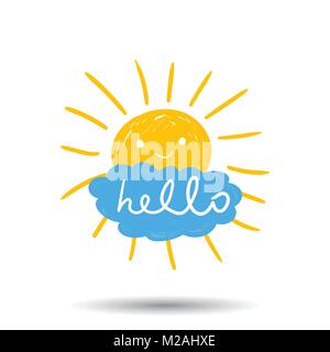 Hallo Sommer Hand gezeichnet Chalk Sonne Symbole. Vector Illustration auf weißem Hintergrund. Stock Vektor