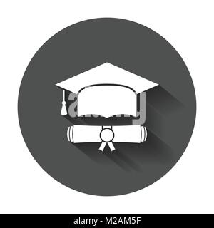 Skalenhaube und Diplom bildlaufsymbol Vector Illustration im flachen Stil. Beenden Bildung Symbol. Feier Element mit langen Schatten. Stock Vektor