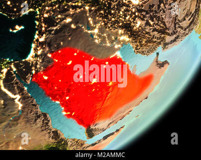 Saudi-arabien am Morgen in rot markiert auf dem Planeten Erde. 3D-Darstellung. Elemente dieses Bild von der NASA eingerichtet. Stockfoto