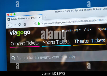 LONDON, Großbritannien - 8. JANUAR 2018: Die Homepage der offiziellen Website für Viagogo - die Online ticket Marktplatz für ticket Weiterverkauf, der am 8. Januar 2018 Stockfoto