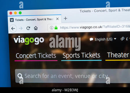 LONDON, Großbritannien - 8. JANUAR 2018: Die Homepage der offiziellen Website für Viagogo - die Online ticket Marktplatz für ticket Weiterverkauf, der am 8. Januar 2018 Stockfoto